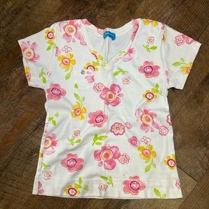 Fresh Produce Top Womens X Small white Floral V- Neck Pocket Tee Cotton